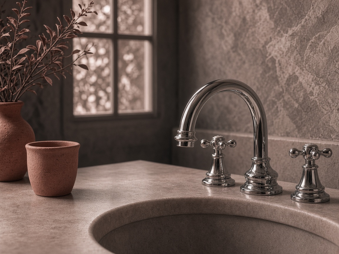 Chrome residential faucet on a warm stone countertop